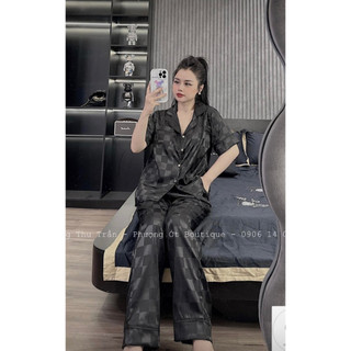 Bộ pijama bộ mặc nhà họa tiết ô vuông màu đen chất lụa gấm freesize 40-60kg - chun's sleepwear
