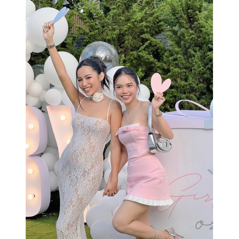 Set áo cúp ngực nơ + Chân váy phối bèo 🖤