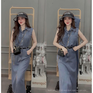 Váy đầm sơ mi jeans có đệm vai kèm đai