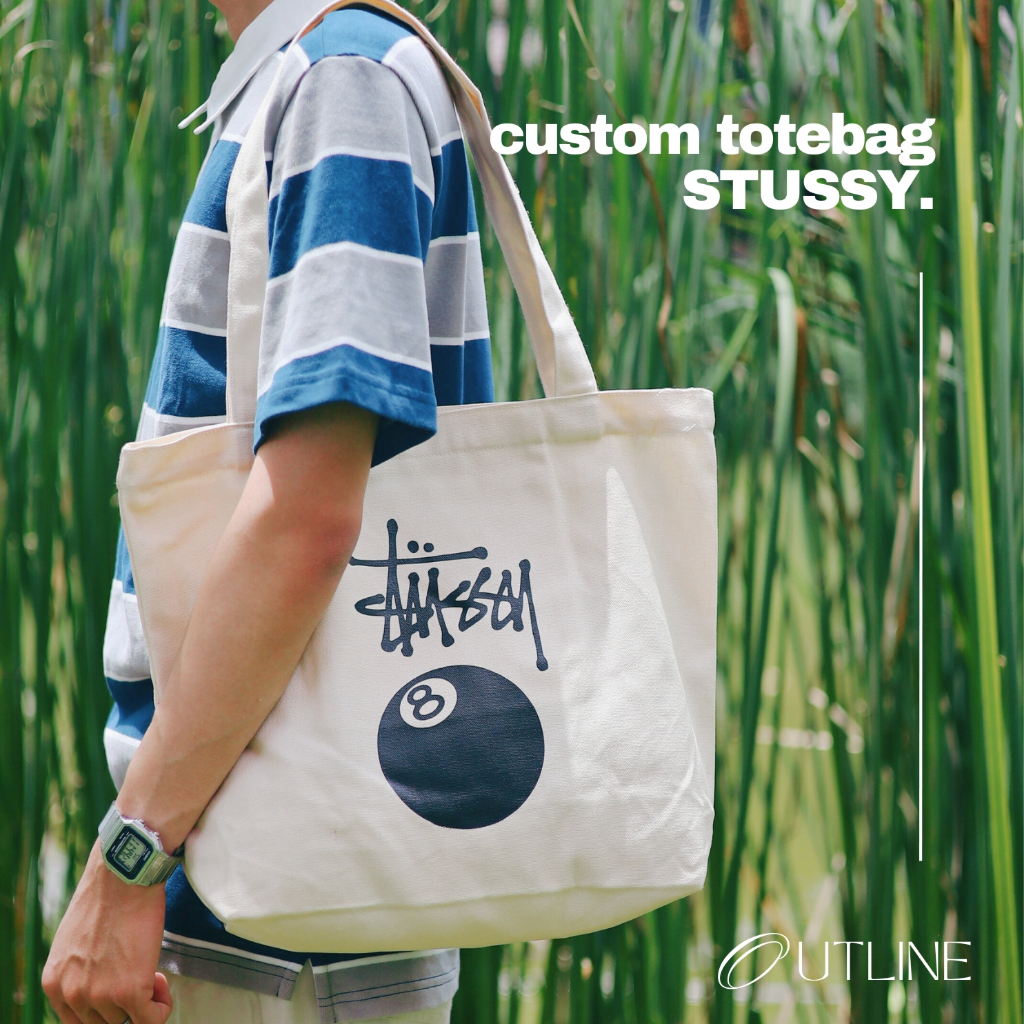 Túi tote custom Stussy dành cho nam nữ sức chứa lớn in hai mặt vải canvas đơn giản