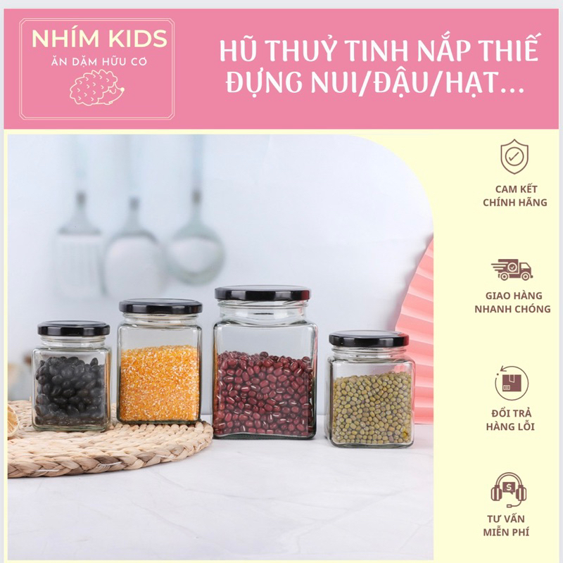 Hũ thuỷ tinh lục giác nắp thiếc đen đựng nguyên liệu