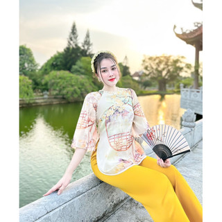 Đồ lam,Quần áo lụa,Bộ lụa voan tơ hai lớp in tinh tế