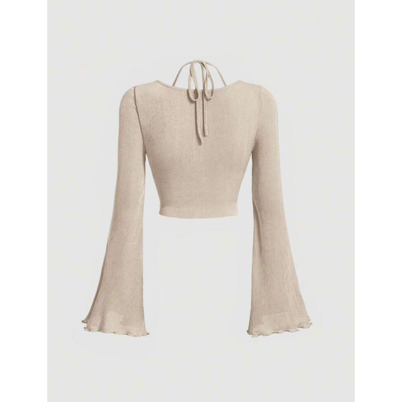 Áo thun tay dài chiết ngực cột dây cổ ánh nhũ blingbling