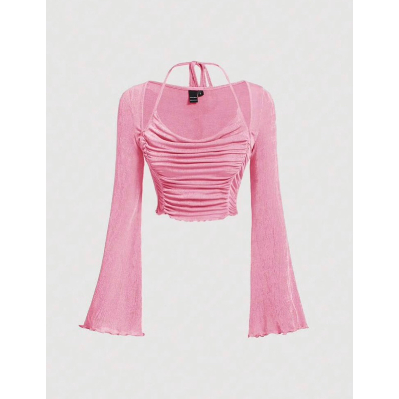 Áo thun tay dài chiết ngực cột dây cổ ánh nhũ blingbling