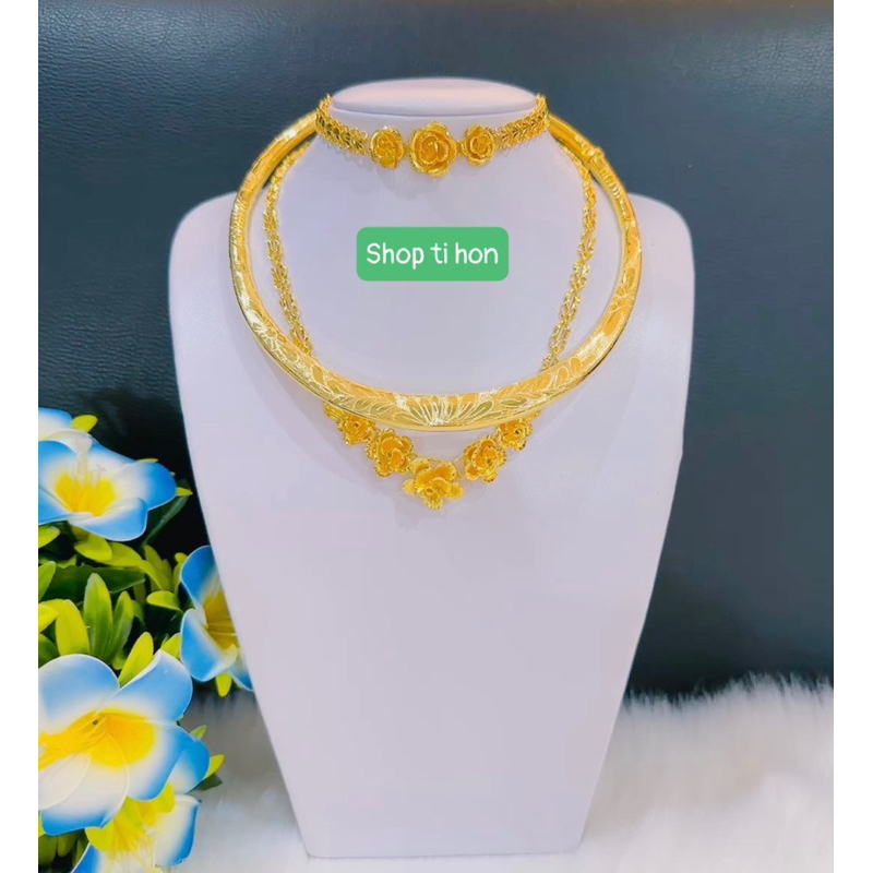 Set bộ vàng cưới cô dâu làm thủ công từ bạc nguyên chất xi vàng 24 cao cấp ( kiềng khoá vặn ốc chuẩn mẫu tiệm vg )