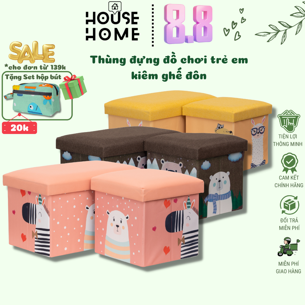 Thùng vải đựng đồ chơi trẻ em, thùng đựng đồ kiêm ghế đôn đa năng, họa tiết hoạt hình, gấp gọn tiện ích - HousetoHome