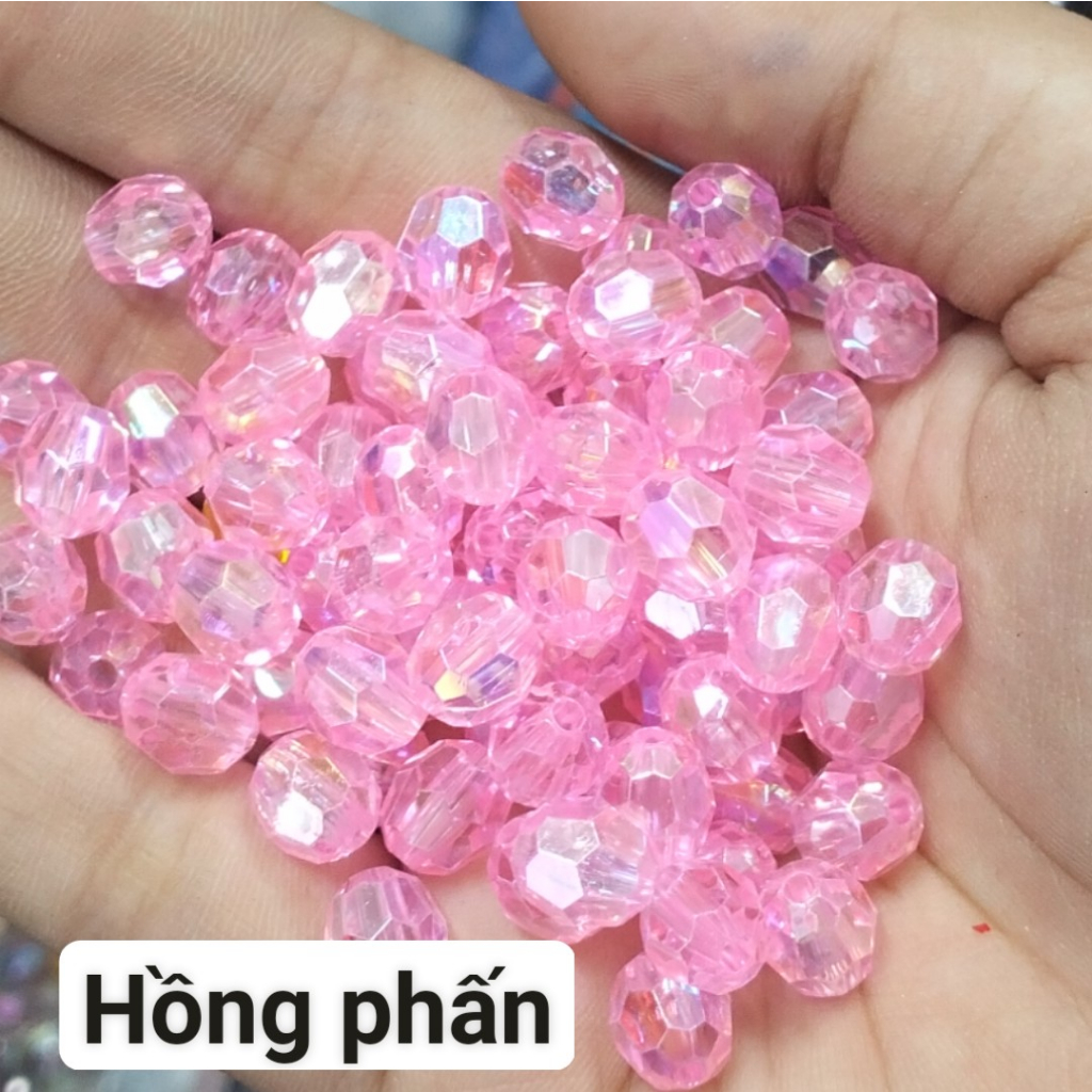 10-50gam hạt nhựa góc 8mm màu ánh cừ có lỗ xỏ làm vòng hạt , túi xách,trang trí
