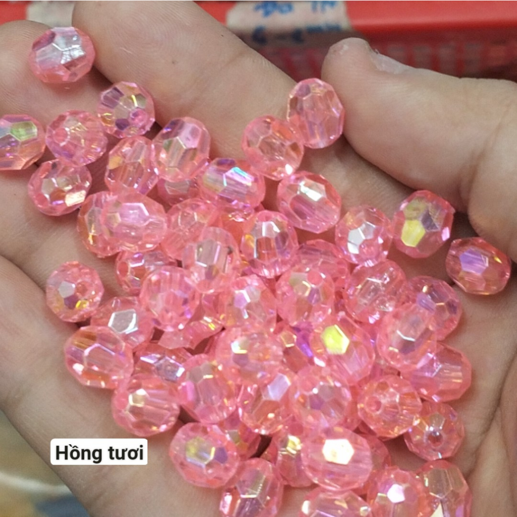 10-50gam hạt nhựa góc 8mm màu ánh cừ có lỗ xỏ làm vòng hạt , túi xách,trang trí