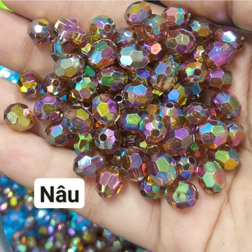 10-50gam hạt nhựa góc 8mm màu ánh cừ có lỗ xỏ làm vòng hạt , túi xách,trang trí