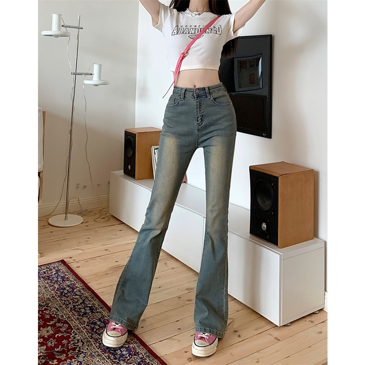 Quàn loe nữ, quần jeans nữ ống loe retro màu xanh cổ điển không rách phù hợp cho đi học MS 35