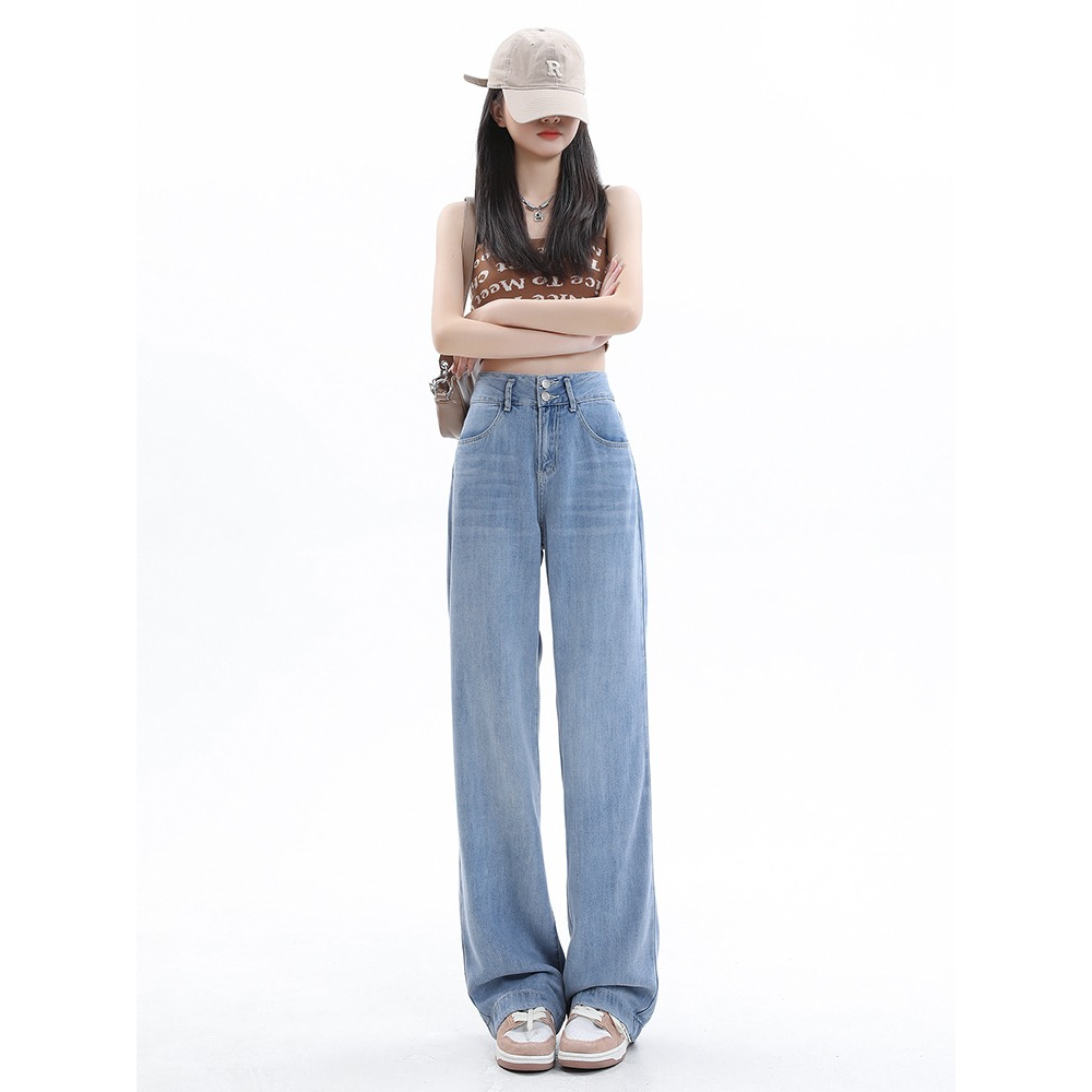 Quần bò nữ ống rộng GUMA cạp cao 2 cúc dáng suông trơn, chất jean xịn cao cấp G071