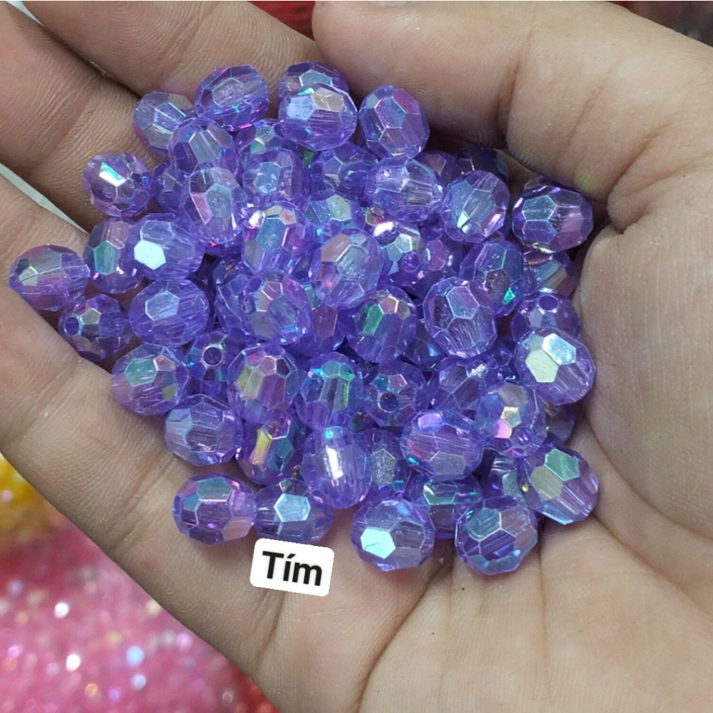 10-50gam hạt nhựa góc 8mm màu ánh cừ có lỗ xỏ làm vòng hạt , túi xách,trang trí