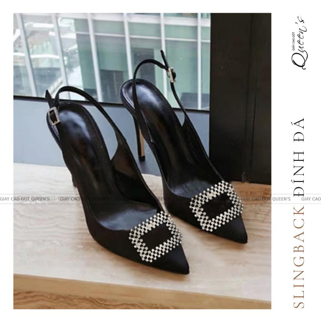 Giày singblack bít mũi màu đen đính đá cao cấp, cao 8-10-11cm