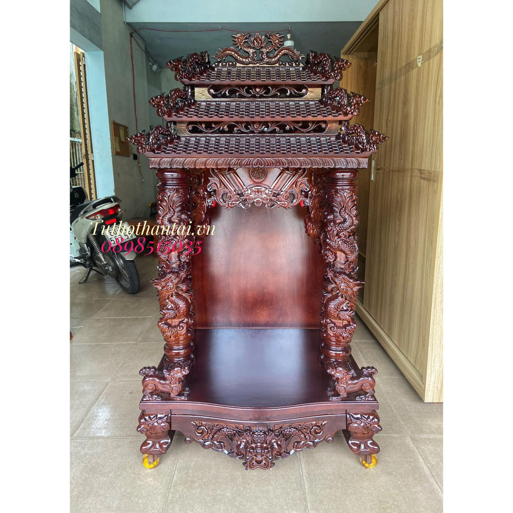 Bàn thờ thần tài ông địa gỗ gõ đỏ mái ngói Vip 3 tầng 81 x 147cm