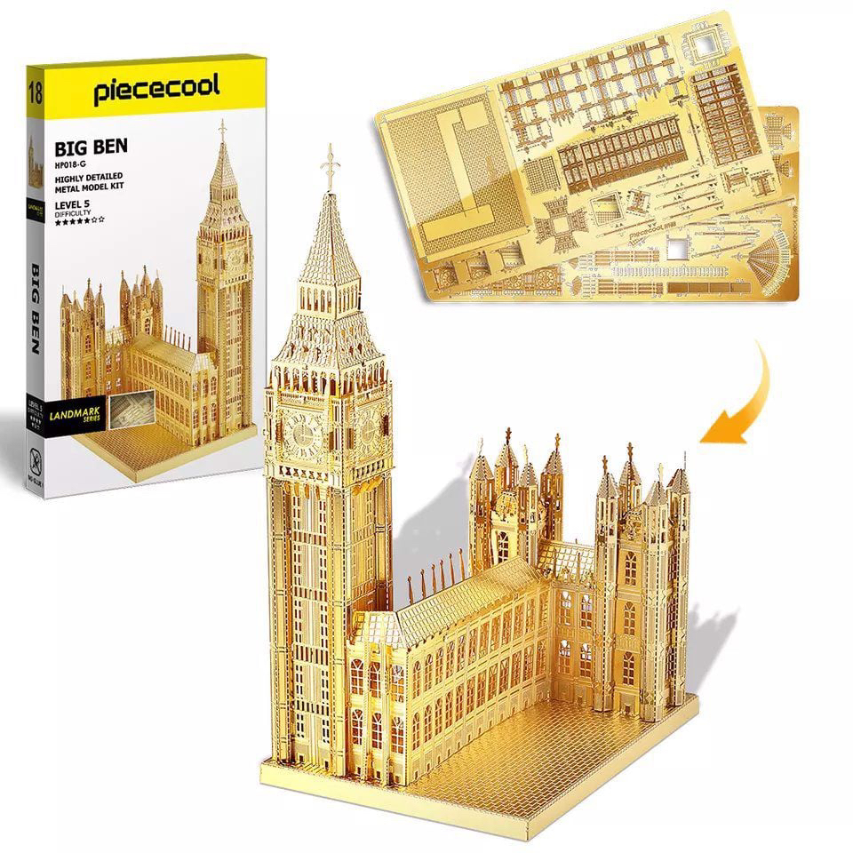 Mô Hình 3D Lắp Ráp Kim Loại Piececool Tháp Đồng Hồ Big Ben (Màu Vàng) HP018-G