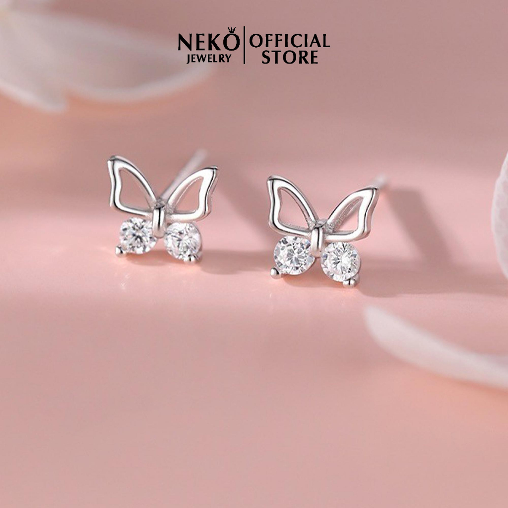 Khuyên tai bạc đính đá Neko chất liệu bạc chuẩn 925 an toàn cho da mẫu bướm đính đá zircon trắng