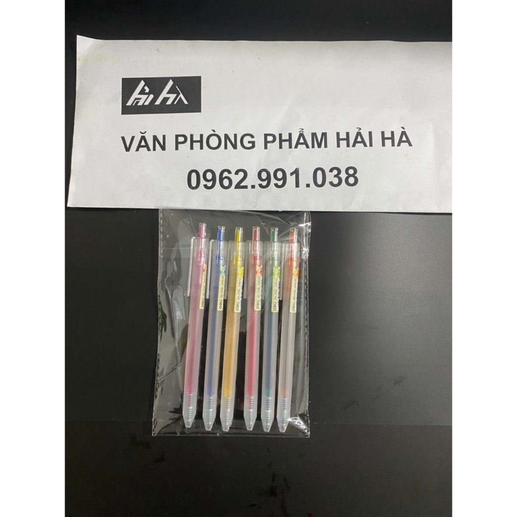 VỈ 6 CÂY BÚT BI NƯỚC MỰC GEL BẤM NHIỀU MÀU 0.5MM DELI XINH XẮN NHANH KHÔ, TRƠN, LÂU HẾT MỰC EG118