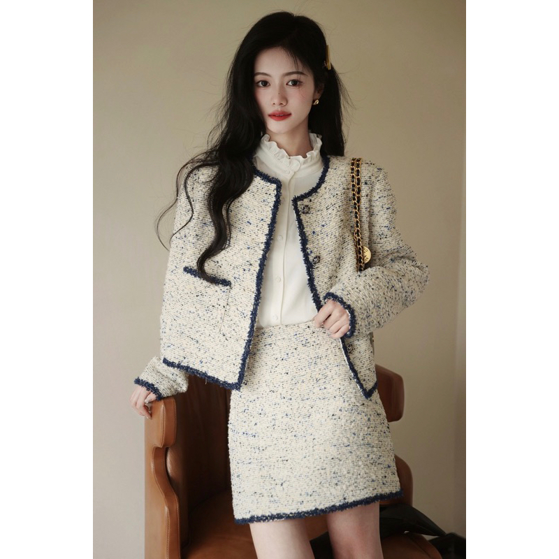 THE2001STORE| Set áo khoác dạ Tweed + chân váy cạp cao phong cách Hàn Quốc