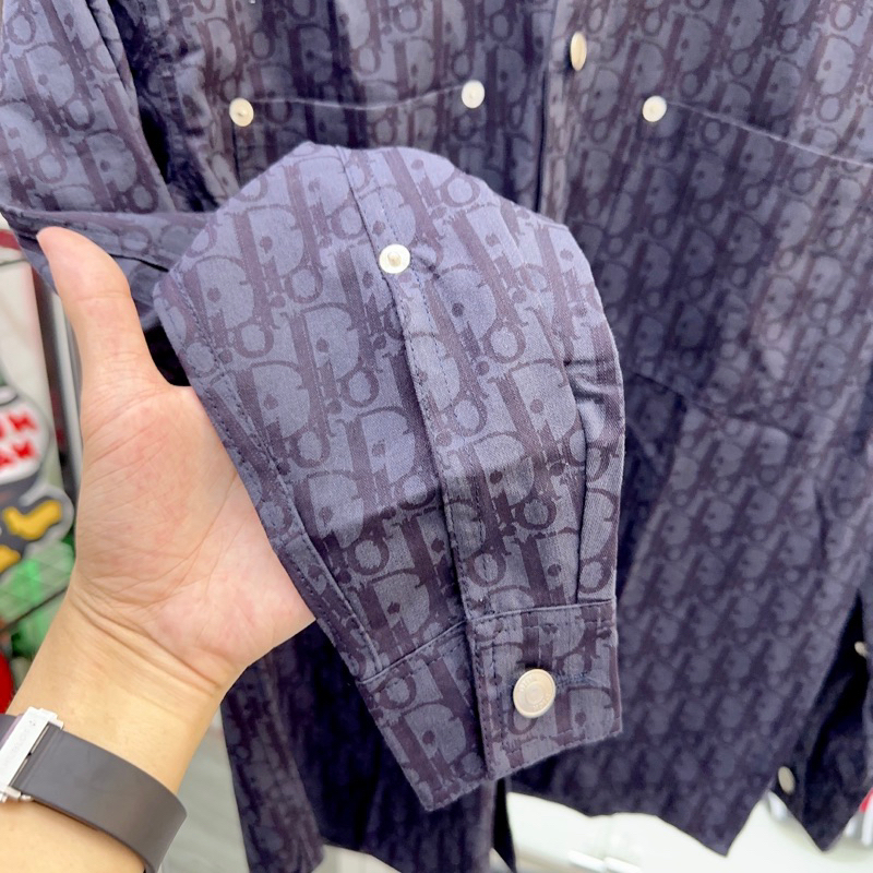 ⚡️ - Áo Sơ Mi DlOR Oblique Kasuri Monogram Cotton Denim Navy Blue Shirt, Áo sơ mi DlOR dài tay