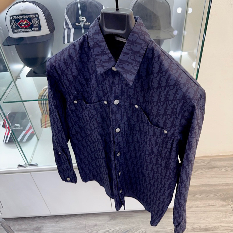 ⚡️ - Áo Sơ Mi DlOR Oblique Kasuri Monogram Cotton Denim Navy Blue Shirt, Áo sơ mi DlOR dài tay