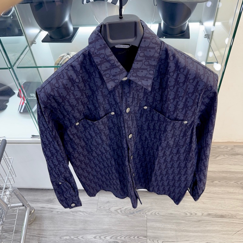 ⚡️ - Áo Sơ Mi DlOR Oblique Kasuri Monogram Cotton Denim Navy Blue Shirt, Áo sơ mi DlOR dài tay