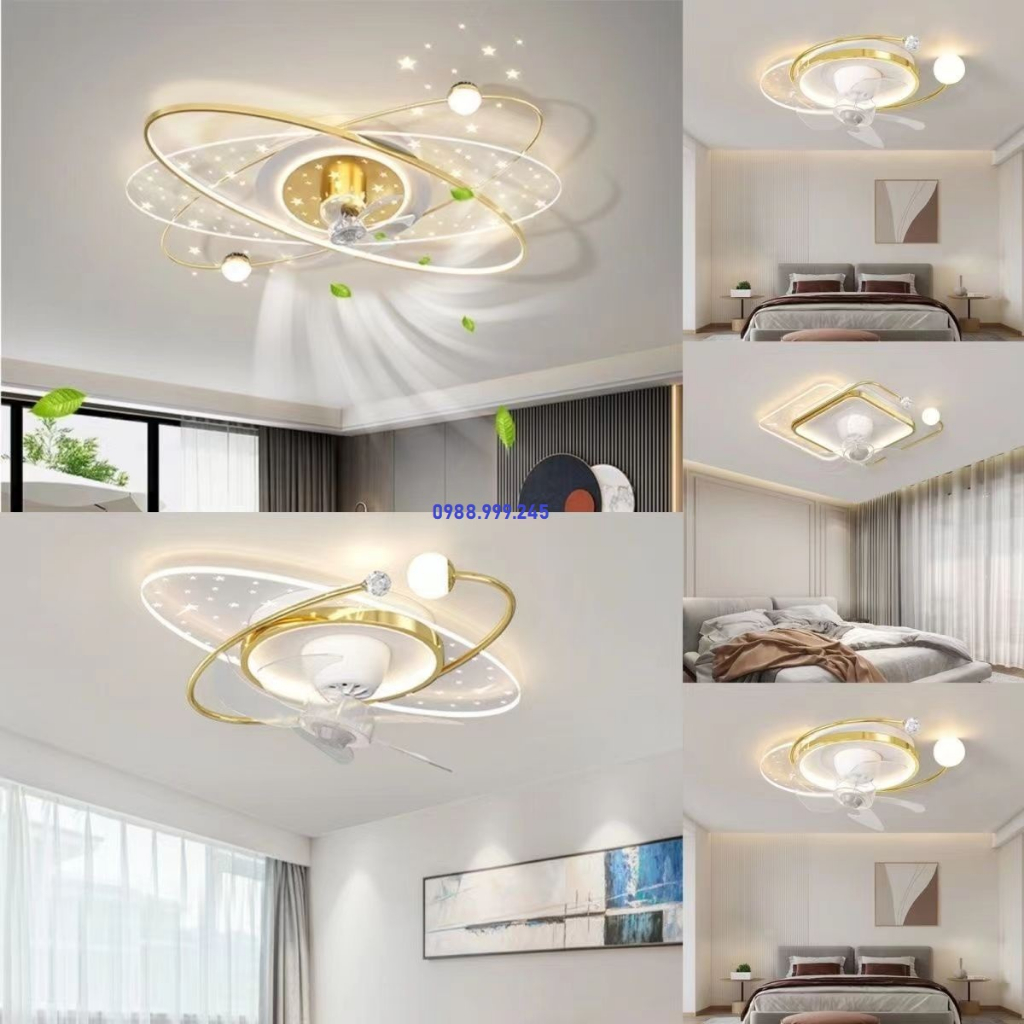 ( Loại I ) Quạt đèn ốp sát trần trang trí có điều khiển từ xa thông minh dành cho phòng ngủ - trần nhà thấp hiện đại