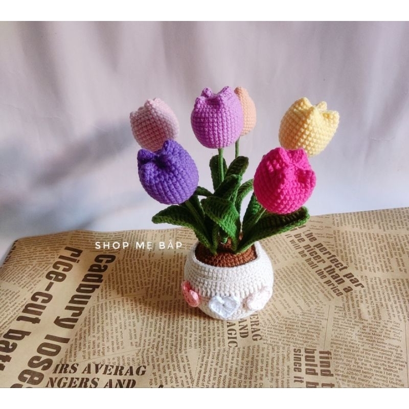 Chậu hoa Tuylip len 6 bông, Hướng dương,Dâu tây bằng len, phối màu theo yêu cầu .