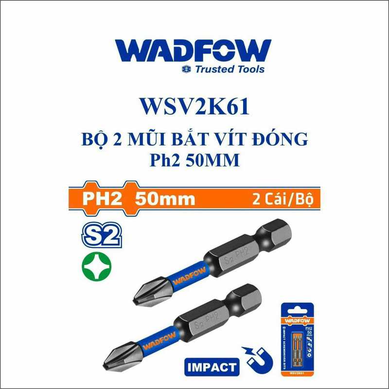 Bộ 2 mũi siết vít bake PH2 dài 50mm thép đen WADFOW WSV2K61