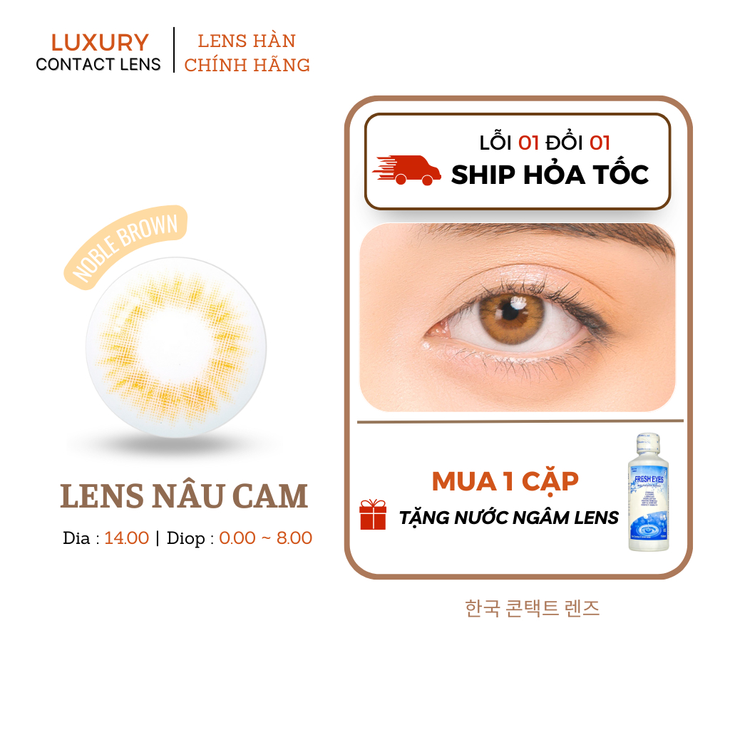 Lens nâu cam có độ cận màu cá tính NOBLE brown ,Kính giãn tròng vừa, dùng 6 tháng, uv,