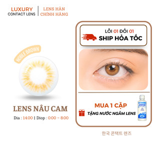 Lens nâu cam có độ cận màu cá tính NOBLE brown ,Kính giãn tròng vừa, dùng 6 tháng, uv,
