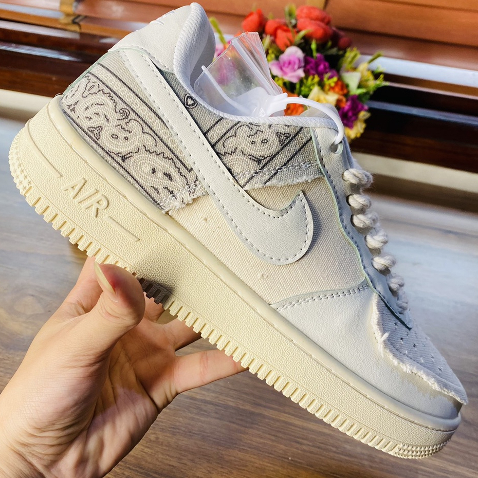 Giày thể thao AF1 dây thừng họa tiết Paisley màu kem, Giày sneaker thổ cẩm dây thừng nam nữ full bill box đi siêu êm
