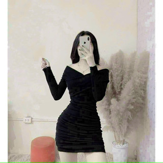 Đầm ôm body trễ vai tay dài thời trang nữ mặc đi chơi chất vải thun gân y hình