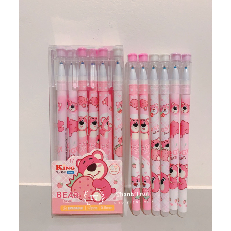 Hộp 12 cây bút gel xoá được hình gấu dâu lotso mực xanh, tím