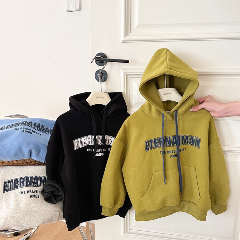 Áo hoodie cho bé trai bé gái size 12-35kg, hàng hãng AMBB cao cấp, áo hoodie nỉ lót lông nhẹ mùa thu đông cho bé