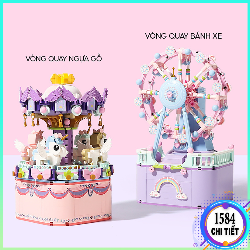 Đồ chơi lắp ráp lego Hộp Nhạc Vòng Đu Quay Ngựa Gỗ/ Bánh Xe Mô hình lắp ráp lego hộp nhạc cho bé