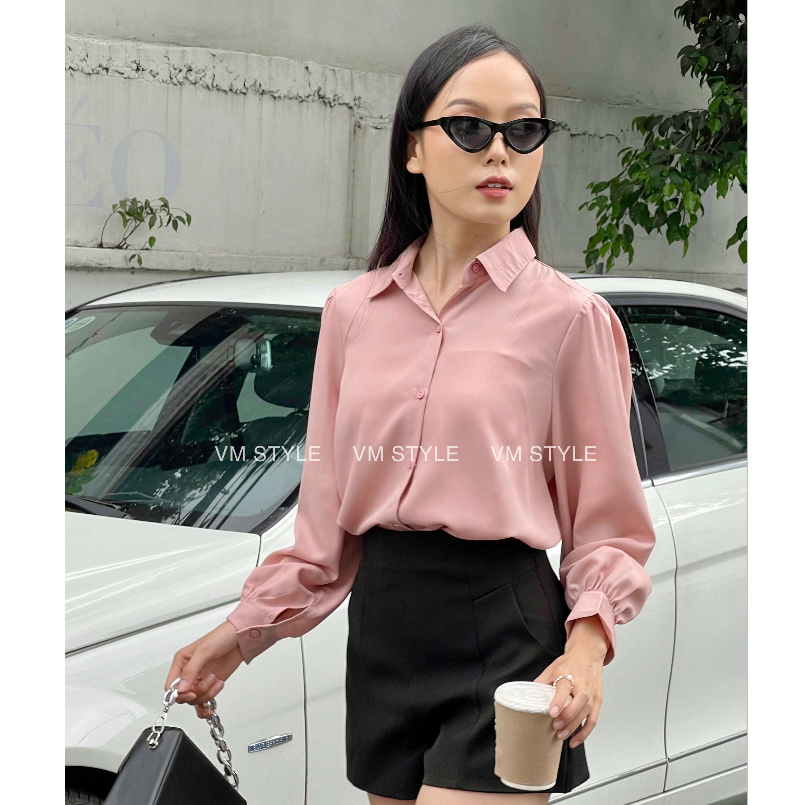 Áo sơ mi nữ dài bo tay VMSTYLE thiết kế chít vai form rộng freesize-13595- SMU00017