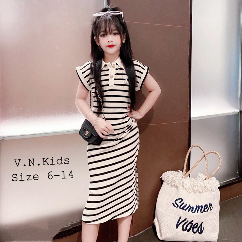 Váy Polo kẻ dúm eo sang chảnh cho Bé size đại 17kg-42kg