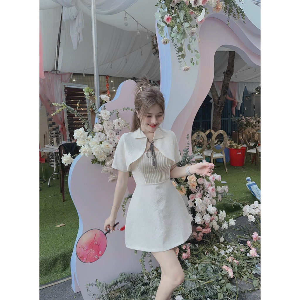 Đầm nữ thời trang mặc đi tiệc dễ thương chất y sóng y mẫu hai dây ôm eo váy chữ A phối áo khoác tay ngắn thắt dây cổ
