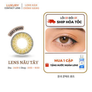 Lens nâu tây có độ cận  đến 8 LIGHLY  BROWN , giãn tròng vừa 14.0 đến 14.2 dùng 6 tháng luxury contact lens.