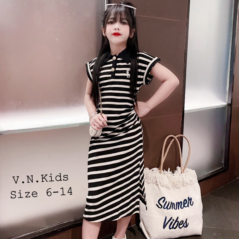 Váy Polo kẻ dúm eo sang chảnh cho Bé size đại 17kg-42kg