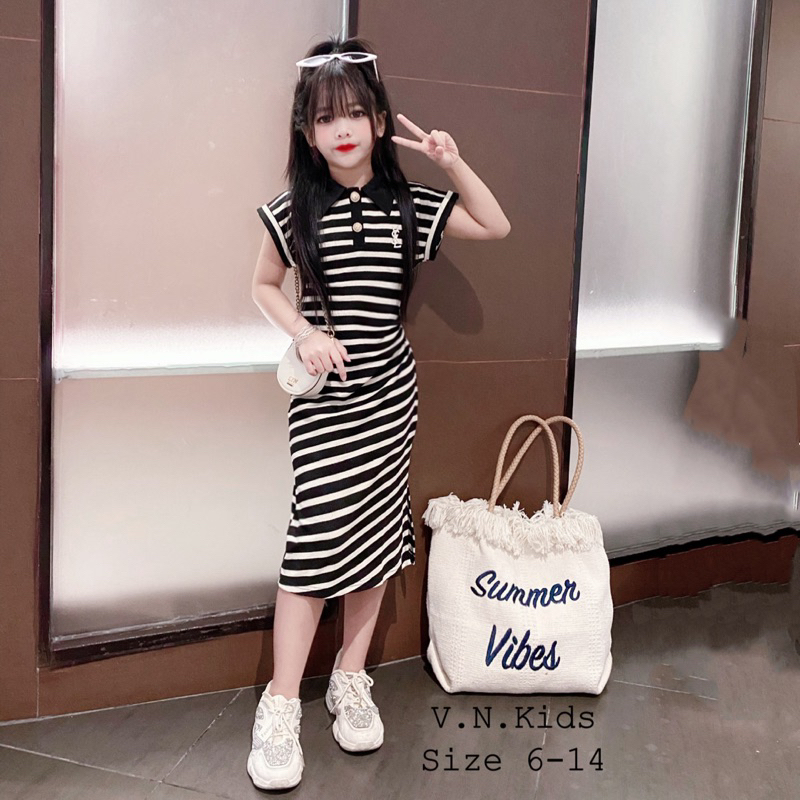 Váy Polo kẻ dúm eo sang chảnh cho Bé size đại 17kg-42kg