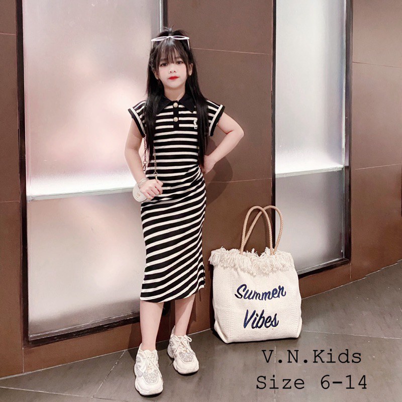 Váy Polo kẻ dúm eo sang chảnh cho Bé size đại 17kg-42kg