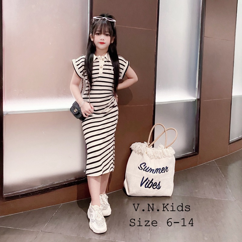 Váy Polo kẻ dúm eo sang chảnh cho Bé size đại 17kg-42kg