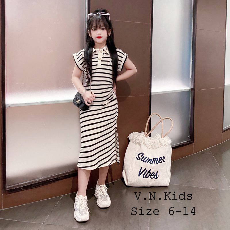 Váy Polo kẻ dúm eo sang chảnh cho Bé size đại 17kg-42kg