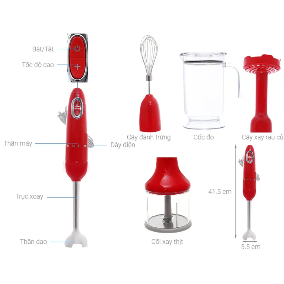 Máy Xay Cầm Tay Smeg HBF02, Máy Xay Đồ Ăn Dặm, Thiết Kế Đẹp, Xay Nhanh, Công Suất 700W, Nhập Đức, BH 12 Tháng