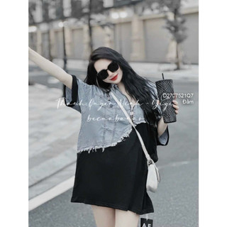 Đầm thun đen phối jean dáng suông tay ngắn thời trang!