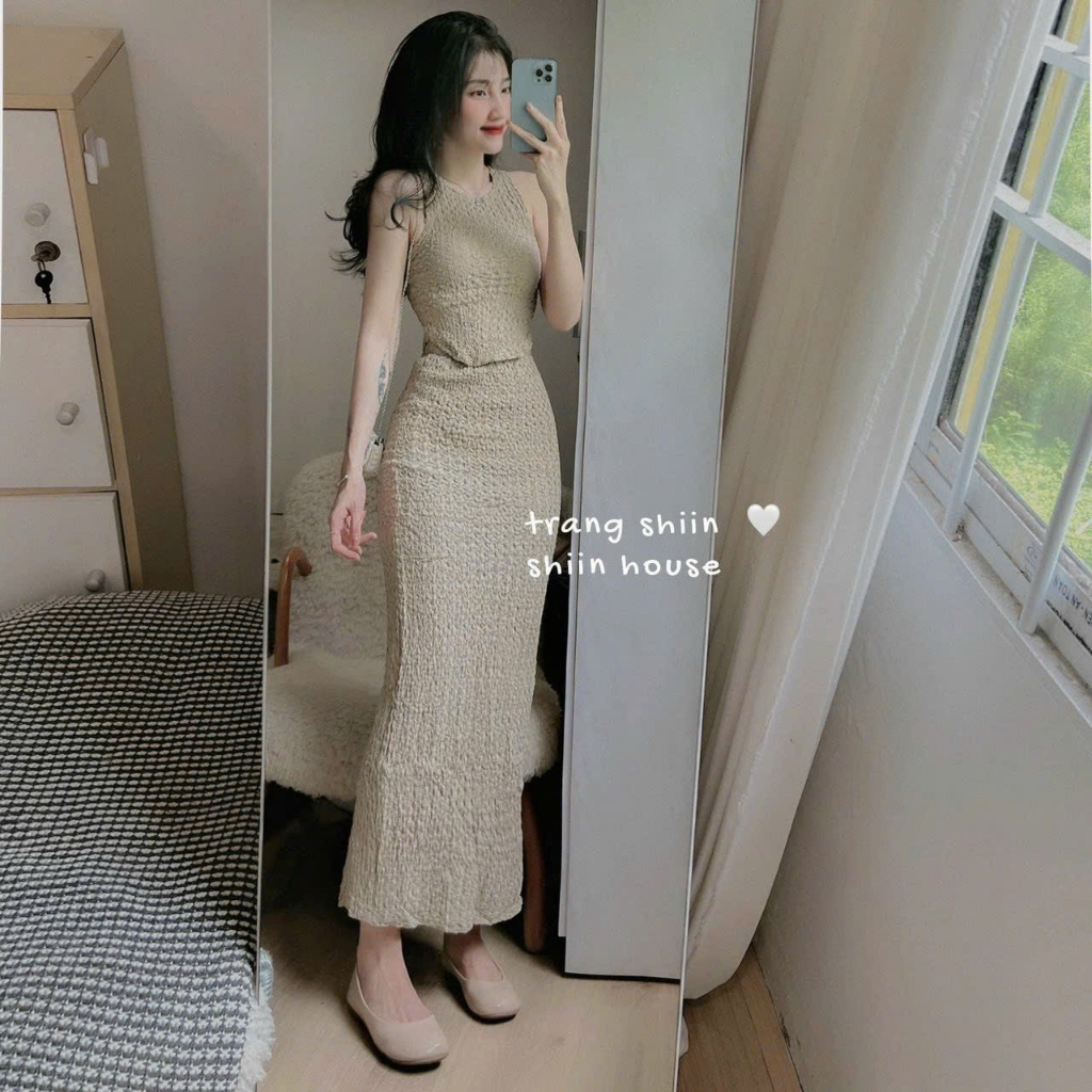 Sét váy nữ thời trang mặc đi chơi chất xốp áo cổ tròn sát nách mix chân váy maxi body đuôi cá siêu tôn dáng