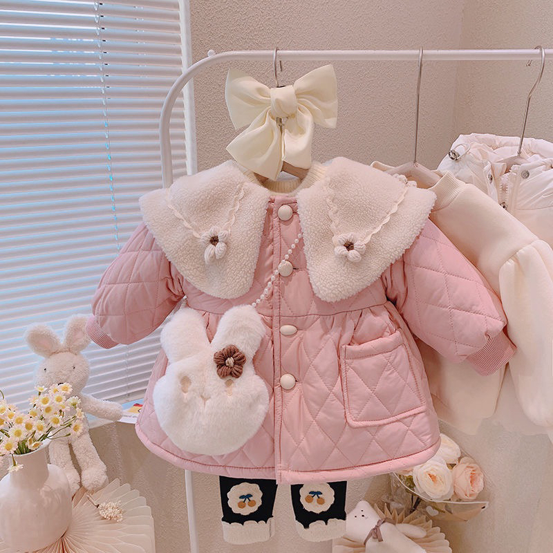 Áo khoác trần bông lót lông màu hồng công chúa cho bé gái 1-5 tuổi (8-22kg)