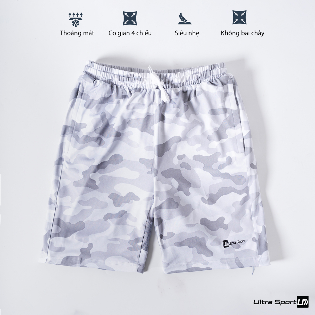 Quần đùi thể thao nam Ultra Sport chất thun co giãn, hoạt tiết camo, 3 túi khoá mới nhất hè 2023