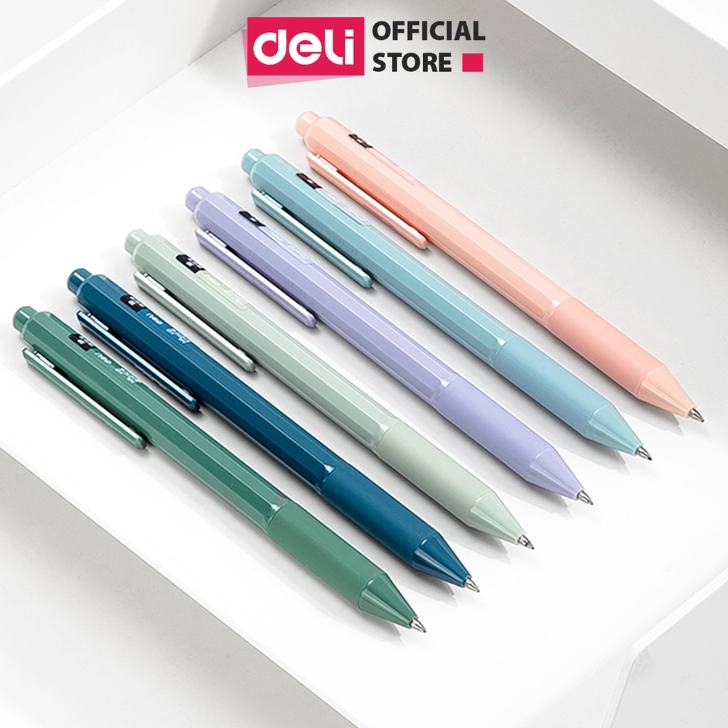 Bút bi dạng gel Deli 0.5mm mực Đen - Nét viết trơn tru mực không lem khô nhanh - Màu Xanh Lá/ Xanh Dương Đậm/ Ghi sẫm